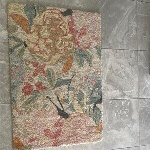Anthropologie Pink and Green Door Mat with Floral Accents